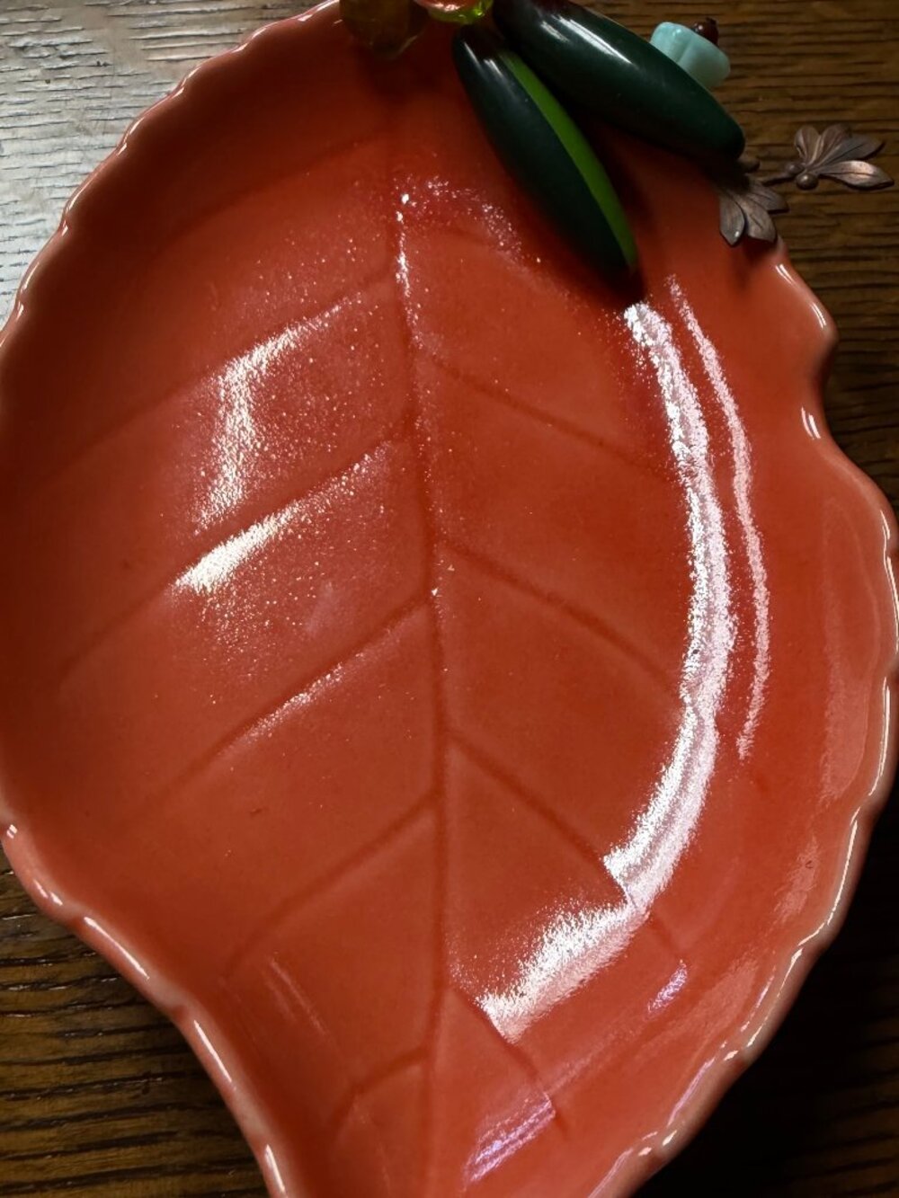 Artisan Coral Ceramic Leaf Dish with Jeweled Floral Embellishments - Picture 2 of 5